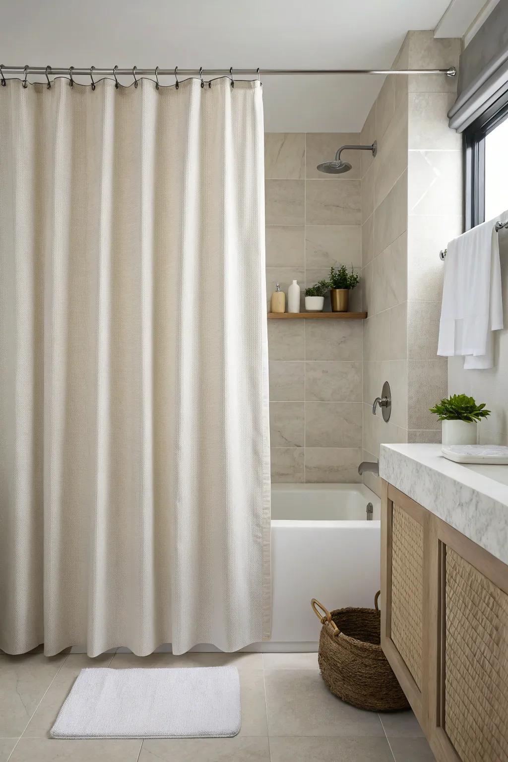 Minimalist farmhouse bathroom with a clean, simple shower curtain