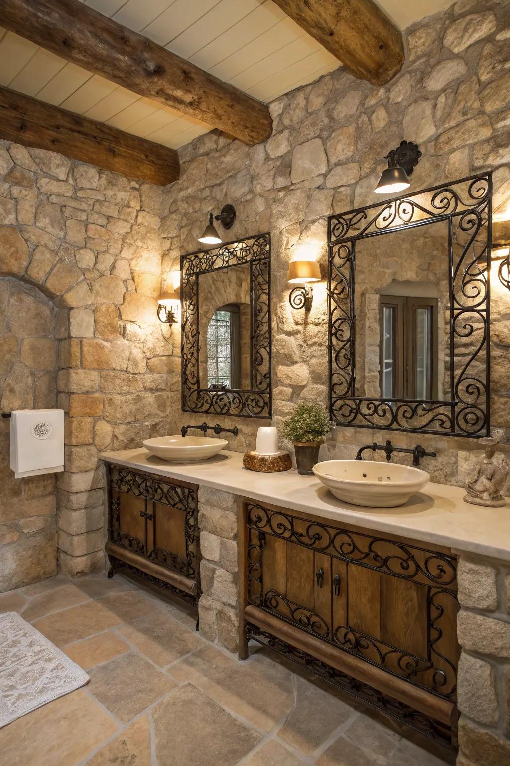 Stone bathroom with rustic wrought iron accents