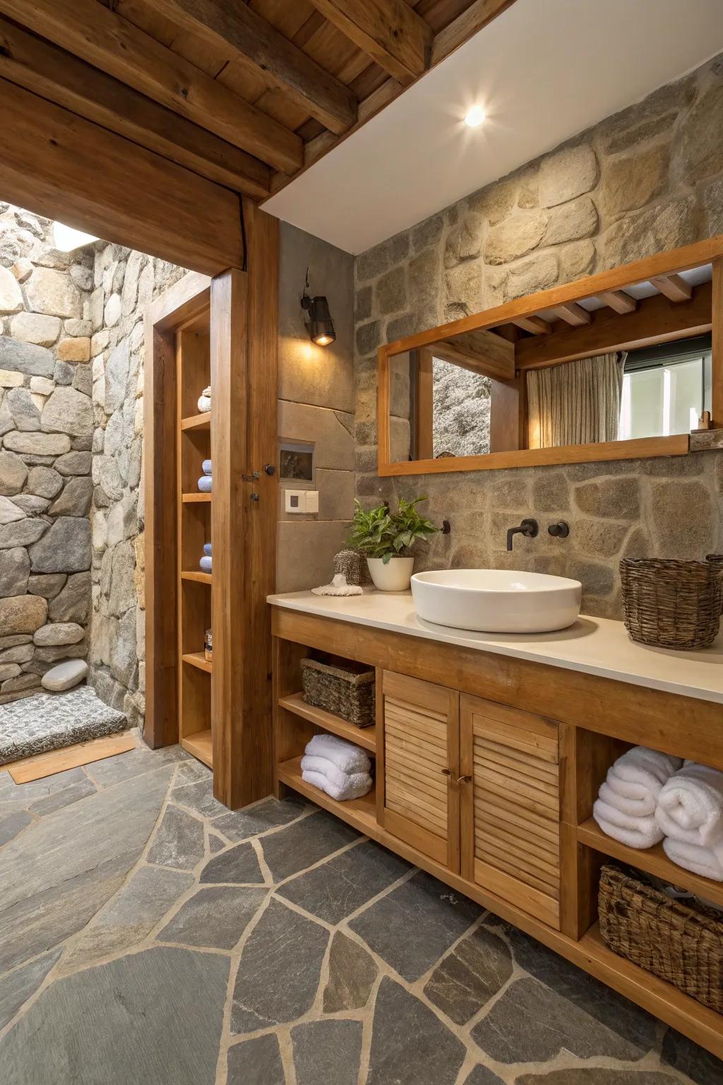 Stone and wooden elements combined in a bathroom