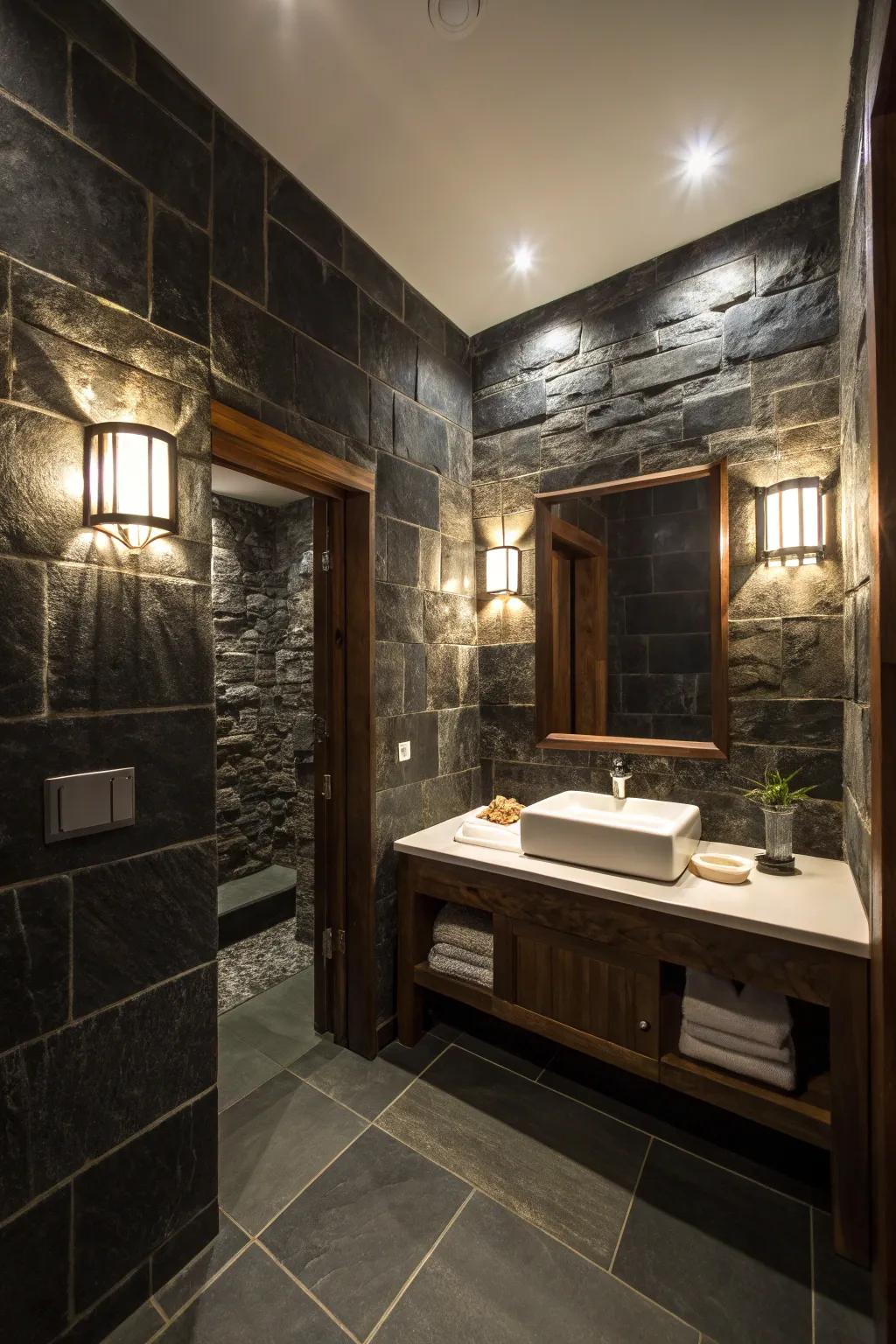 Bathroom with dramatic dark stone walls and light accents