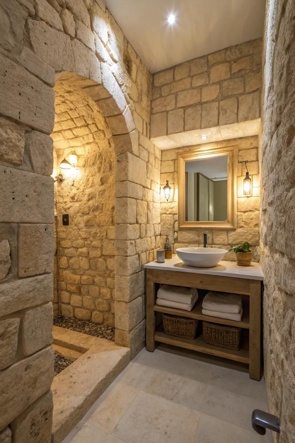 Stone bathroom featuring soft limestone textures