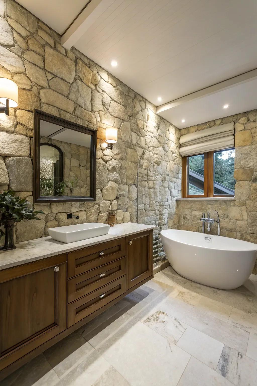 Bathroom with marble countertops and stone walls