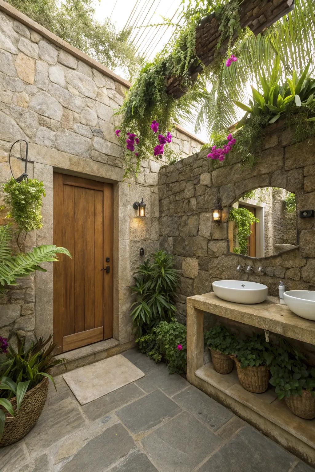 Stone bathroom enhanced with lush greenery