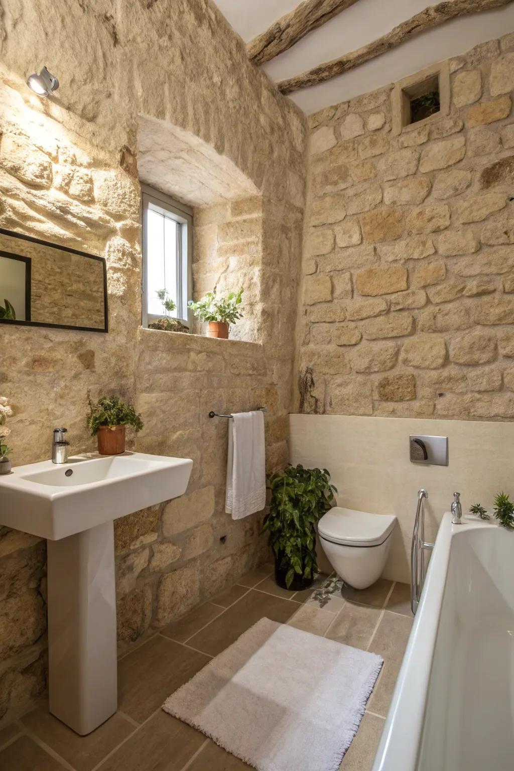 Minimalist bathroom design showcasing stone walls