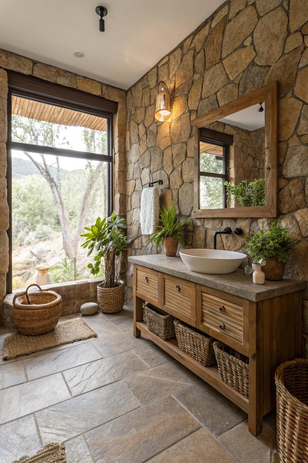 Stone bathroom decorated with earthy tones