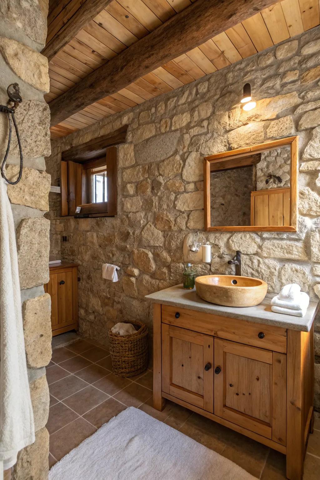 Rustic bathroom with stone walls and wood accents