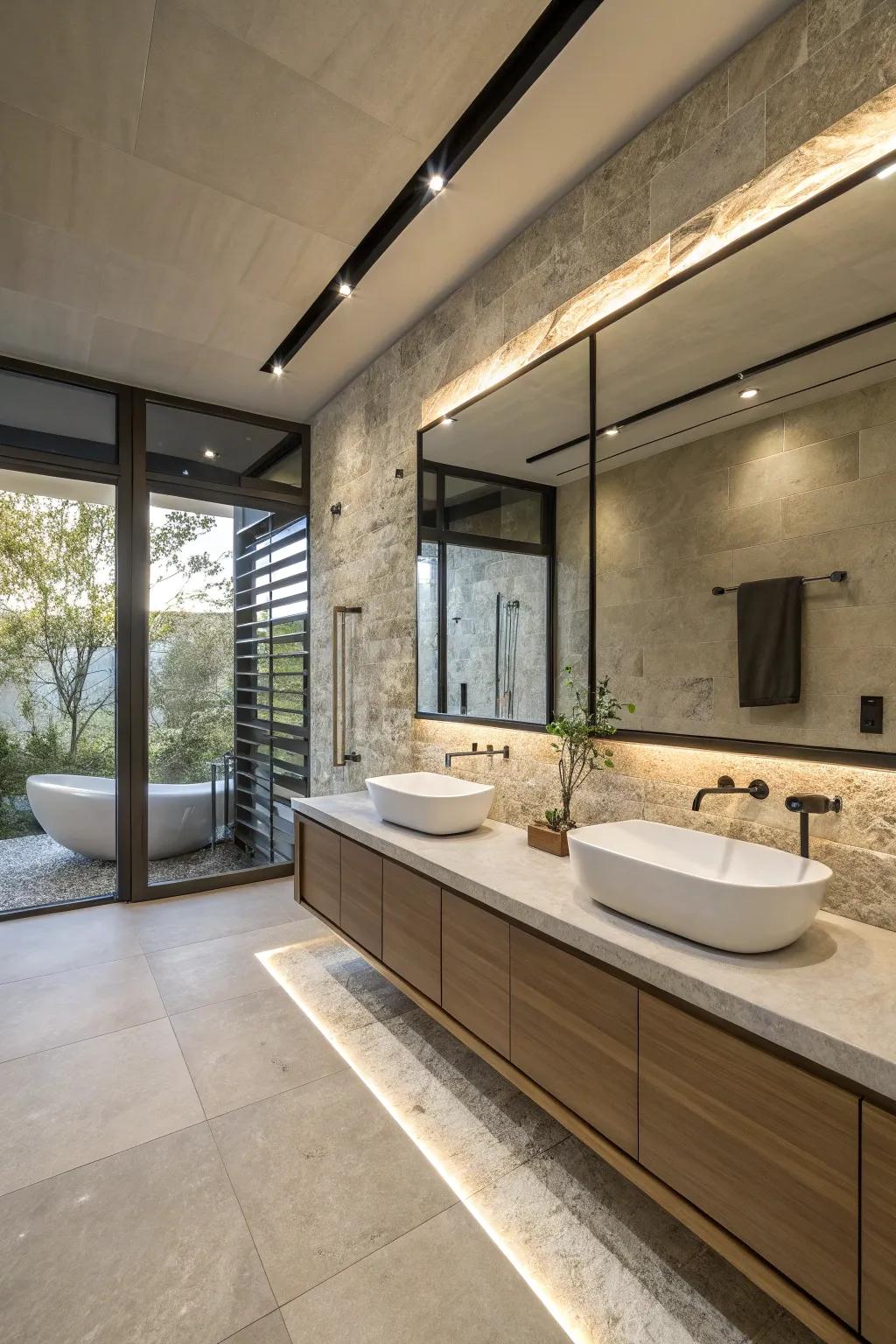 Modern bathroom with sleek fixtures and stone walls