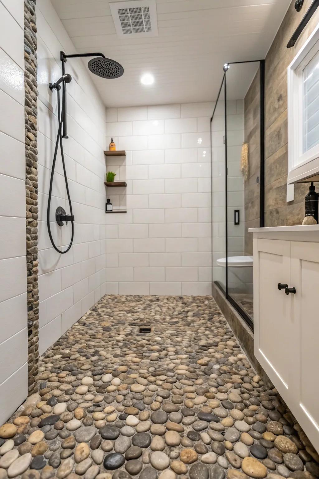 Pebble accent flooring in shower area