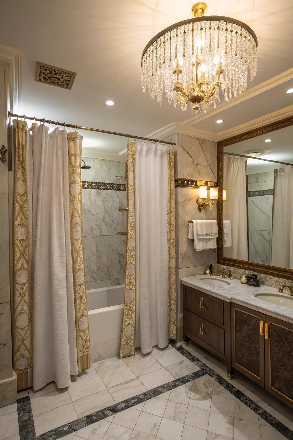 Double shower curtains with plush fabrics create a spa-like vibe.