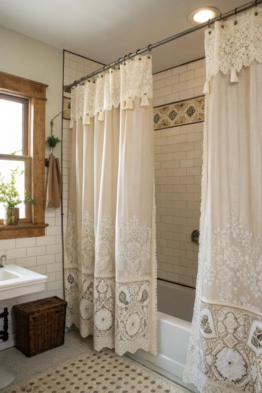 Lace curtains add timeless elegance to vintage-style bathrooms.