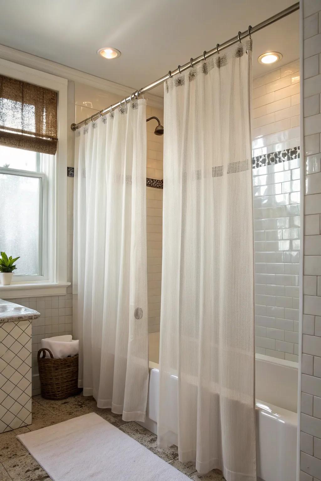 Sheer and solid layers brighten bathrooms while protecting privacy.
