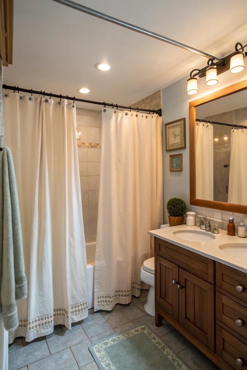 Soft shower curtains enhance the warmth of the bathroom.