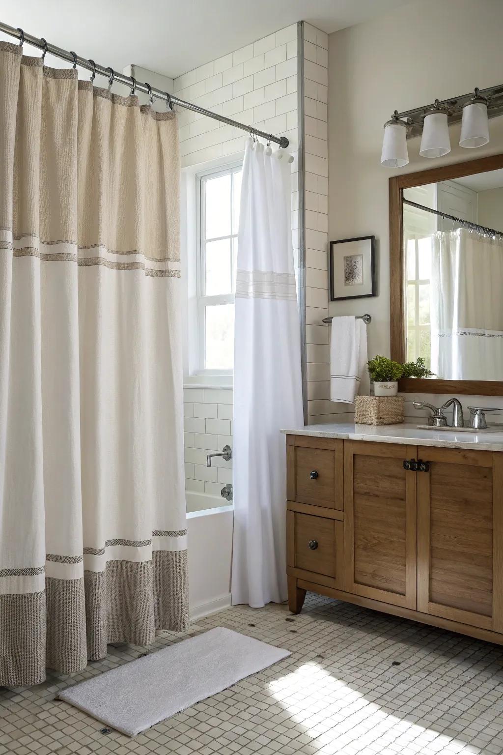 Layered curtains provide privacy and visual interest in bathrooms.