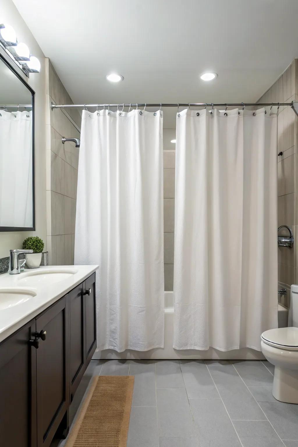 Symmetric curtain arrangements foster harmony in bathroom interiors.