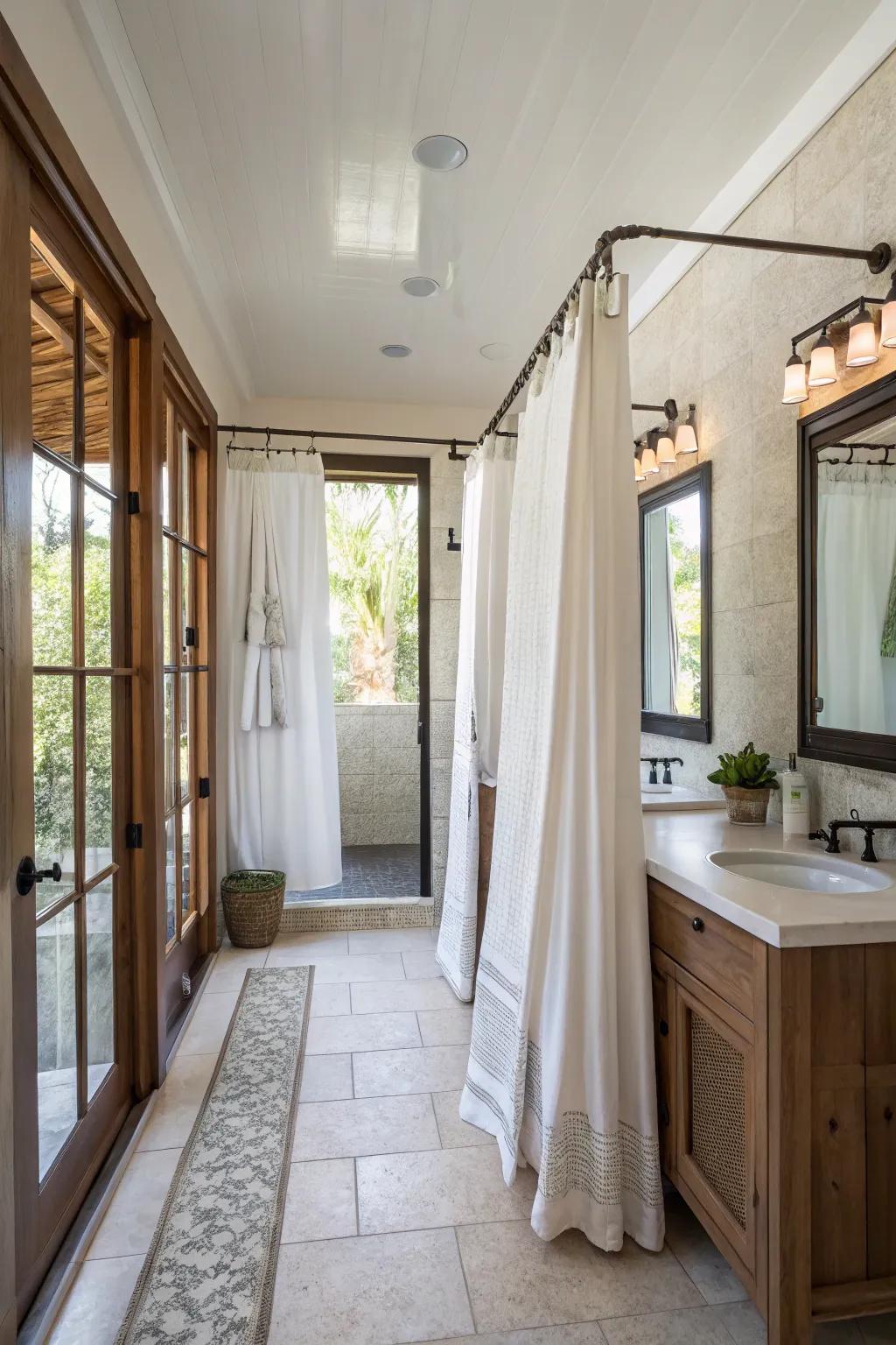 Double curtains cleverly separate areas in open-concept bathrooms.