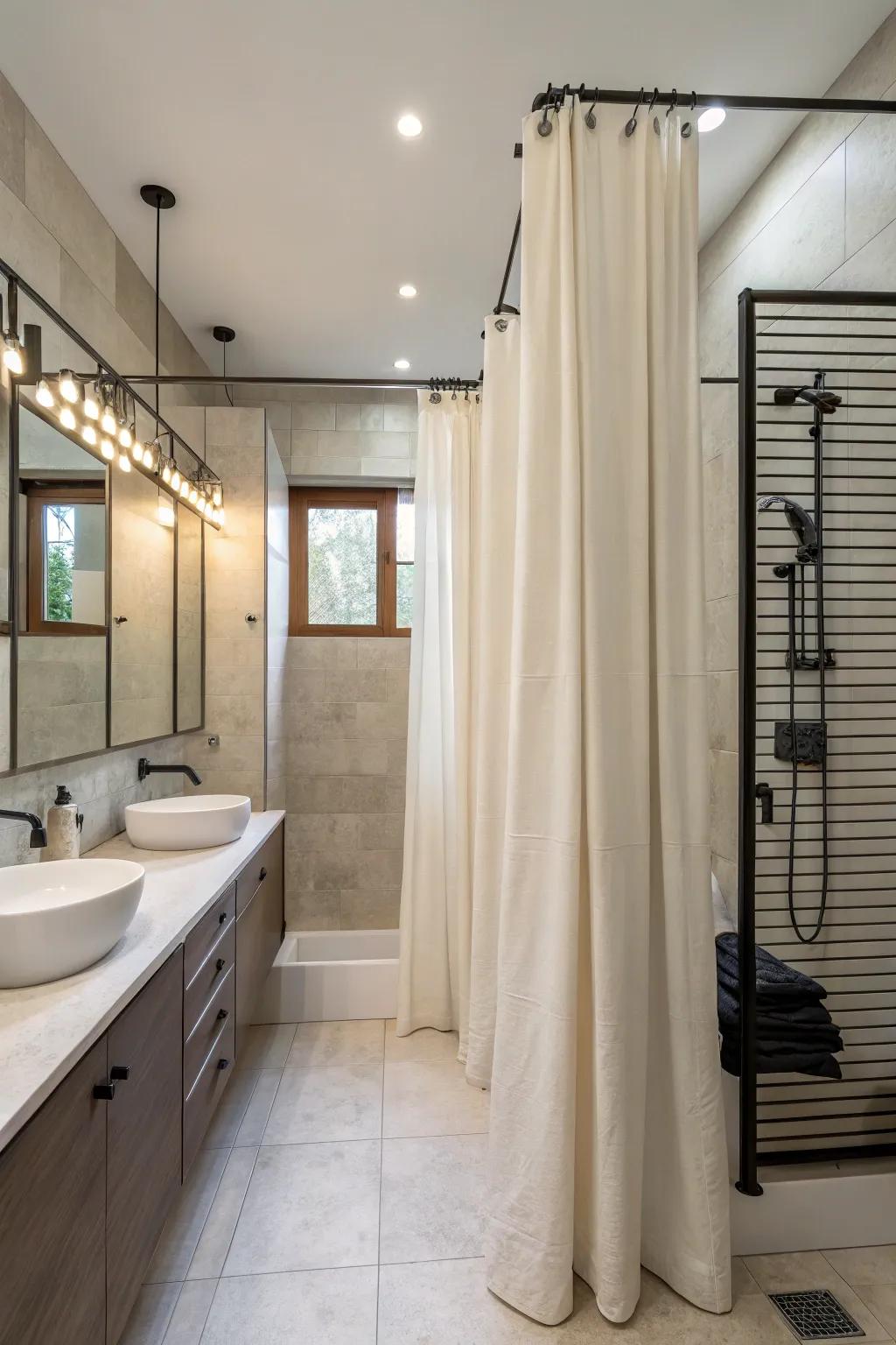 Clean-lined minimalist double curtains create a modern bathroom aesthetic.
