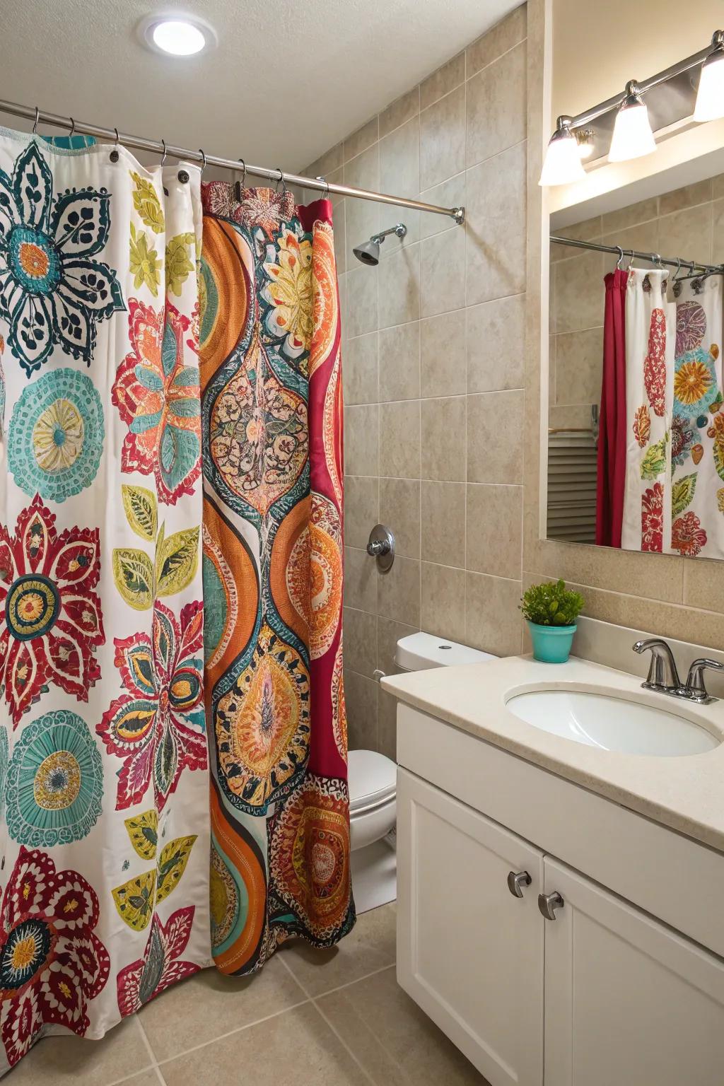Colorful patterns energize and personalize bathroom decor.