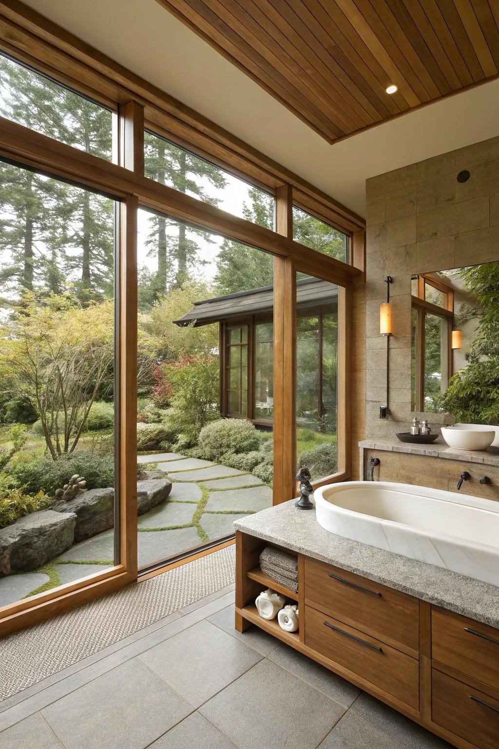 Spacious bathroom with large windows allowing natural light to fill the room.