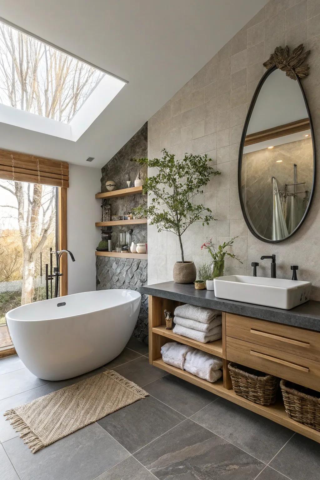 Zen bathroom featuring an asymmetrical mirror design.