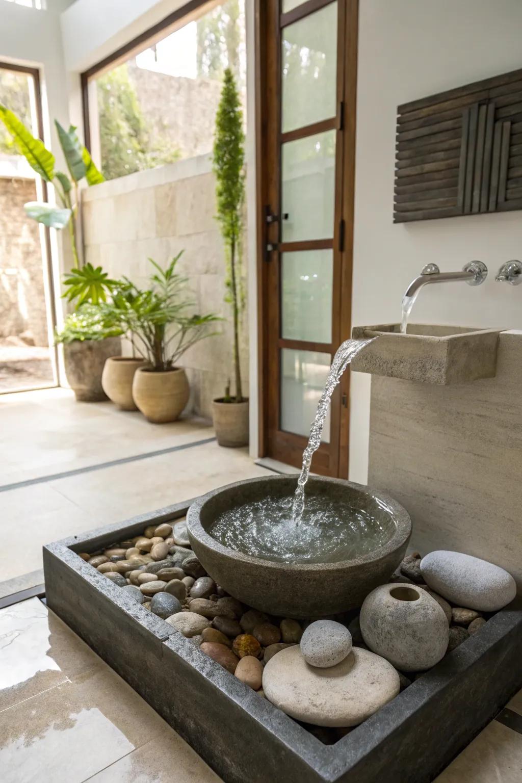 Indoor water fountain adding soothing sounds to bathroom space.