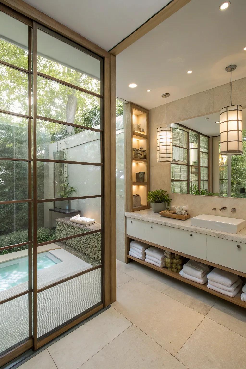 Bathroom featuring glass partitions for an open and airy feel.