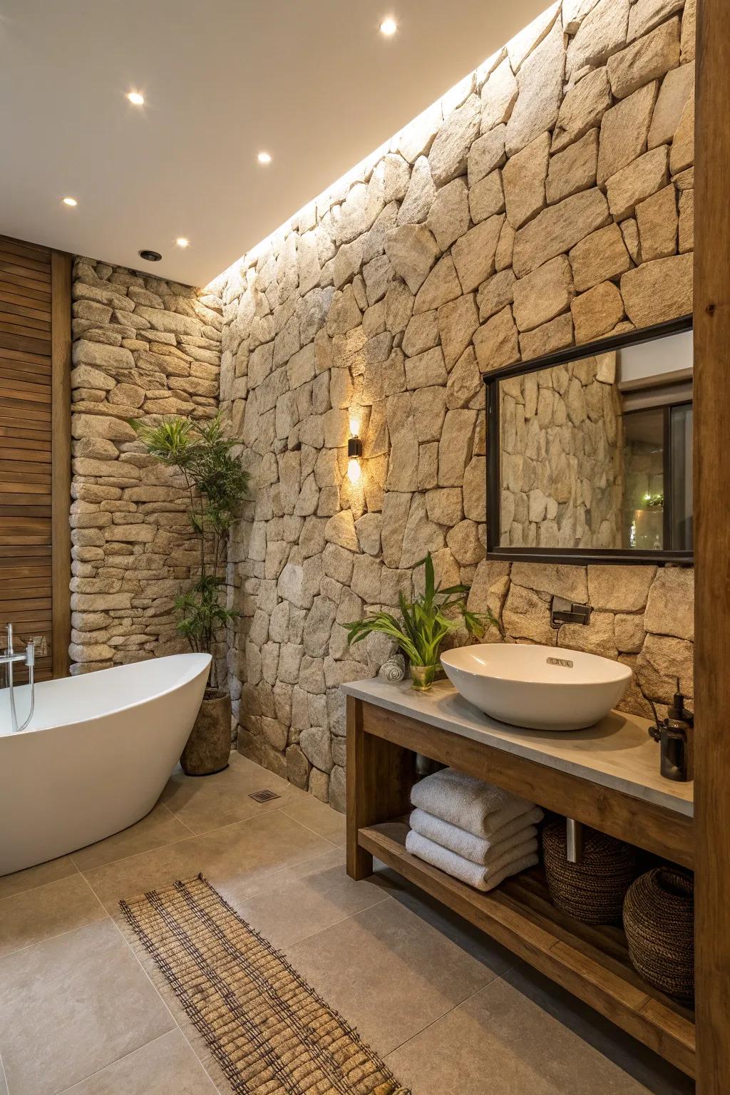 Stone textures adding depth and authenticity to bathroom.