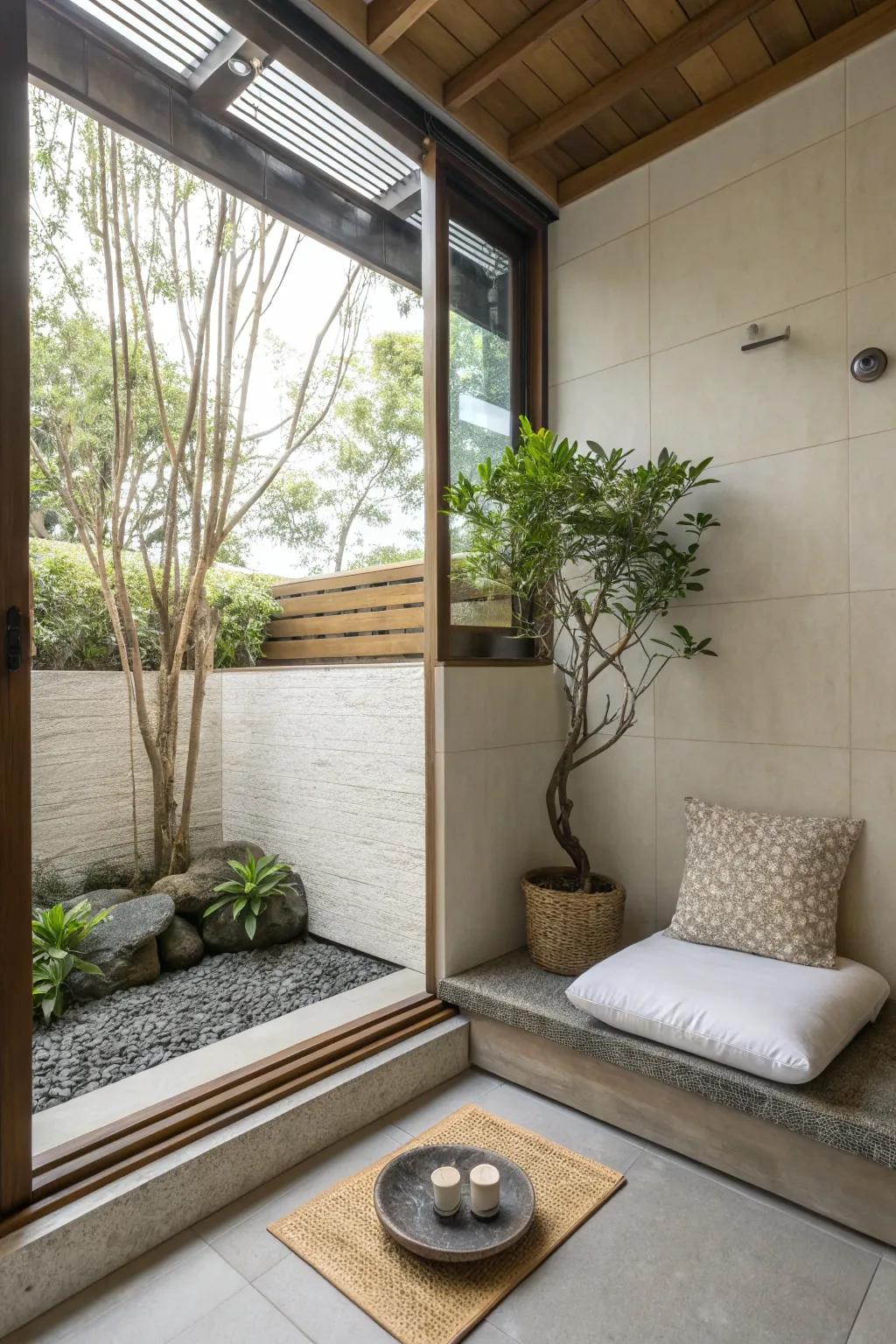 Serene corner setup with cushions and plants for meditation.