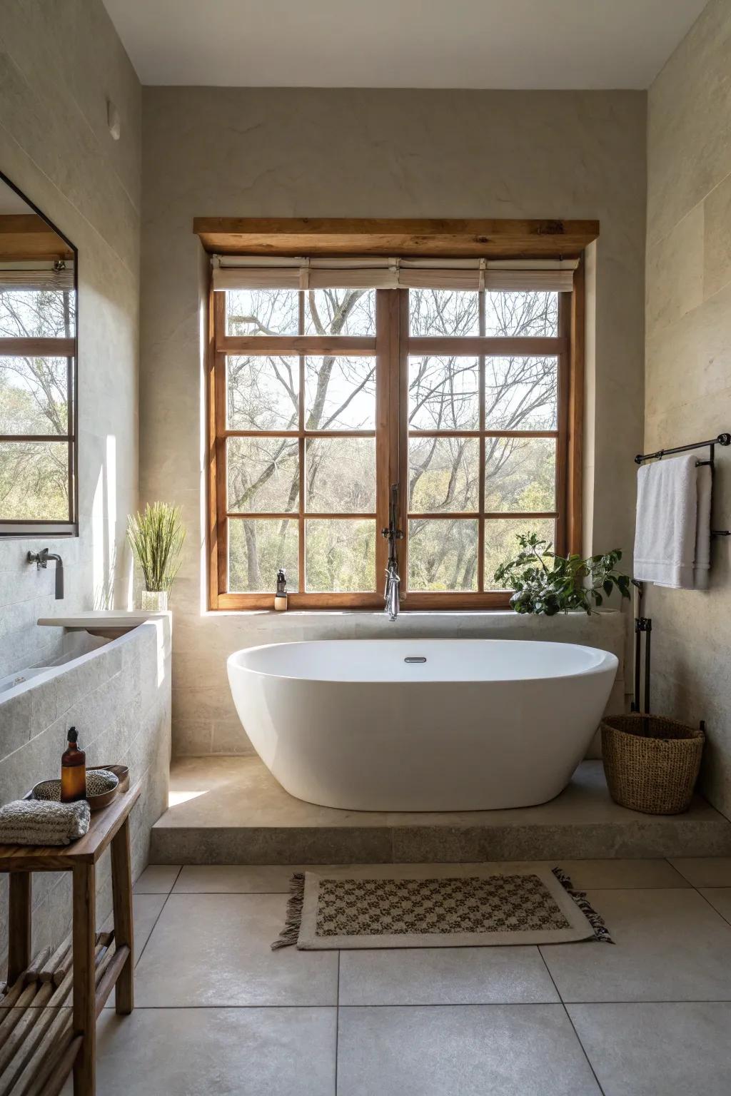 Elegant freestanding bathtub positioned near a window.
