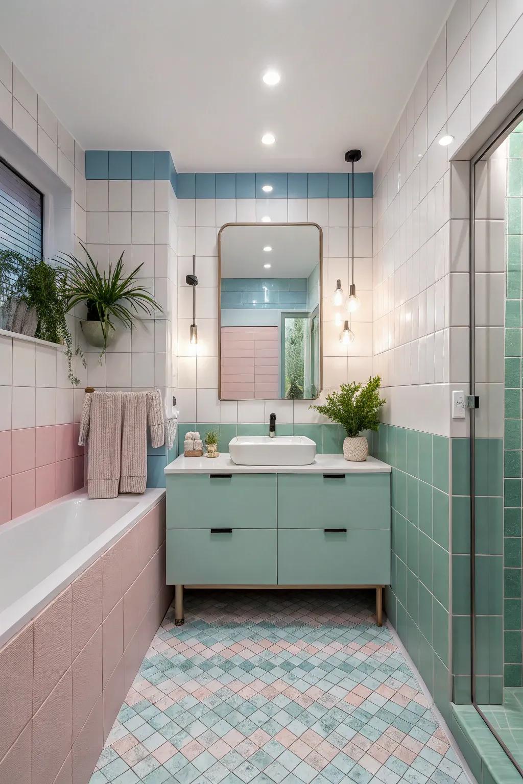 Soft pastel tones create a calming bathroom vibe.