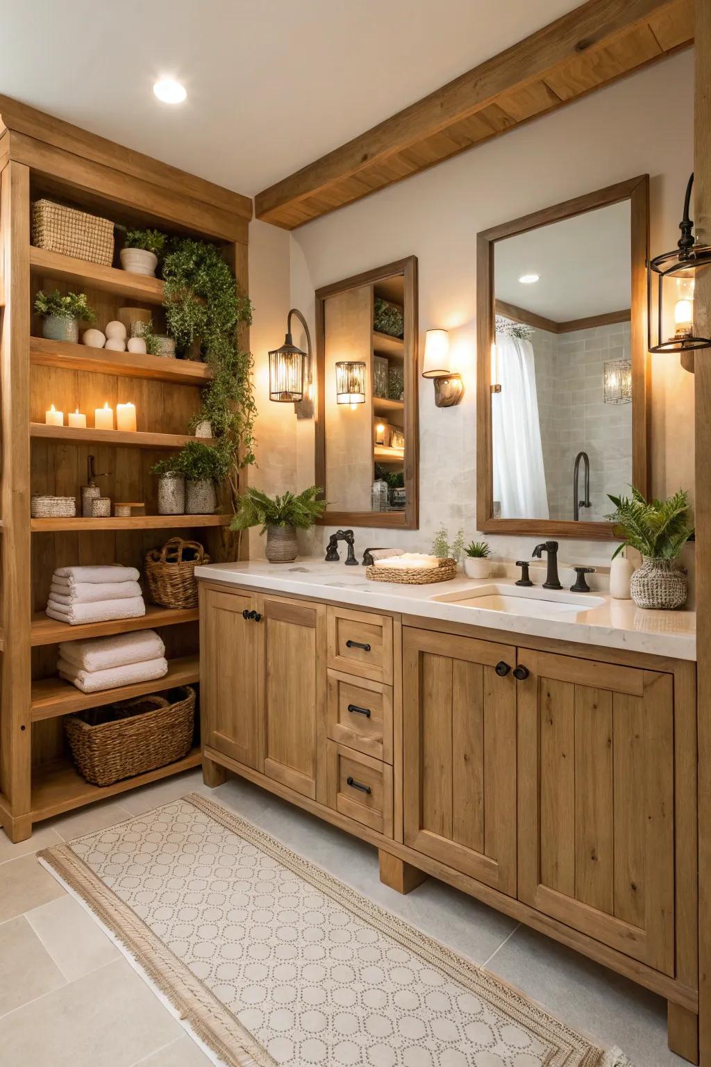 Incorporating wood elements enhances bathroom warmth and texture.