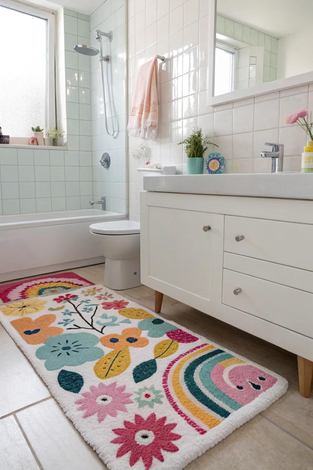 A colorful patterned rug adds comfort and style underfoot in bathrooms.