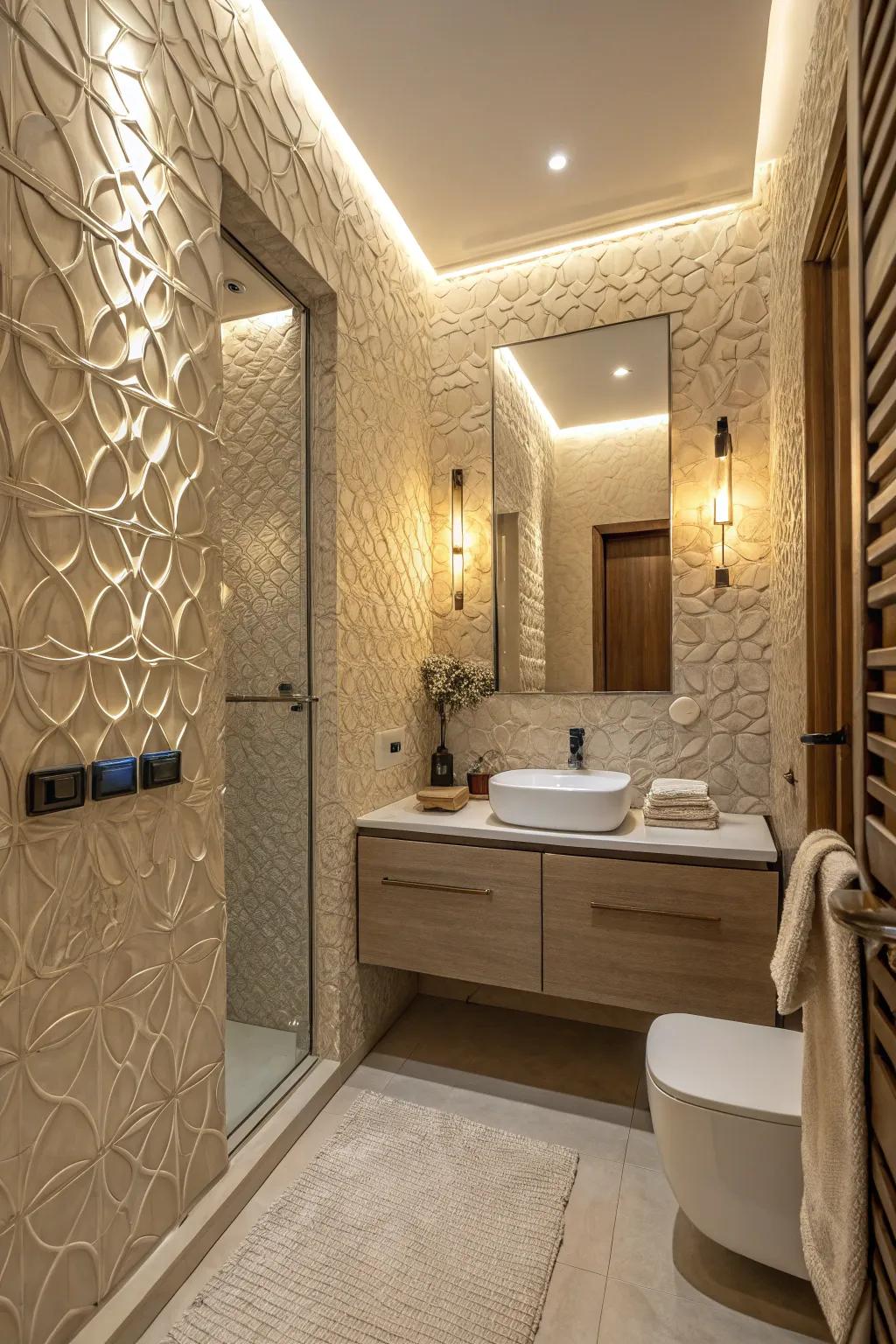 Textured walls in bathrooms create a sense of depth and allure.