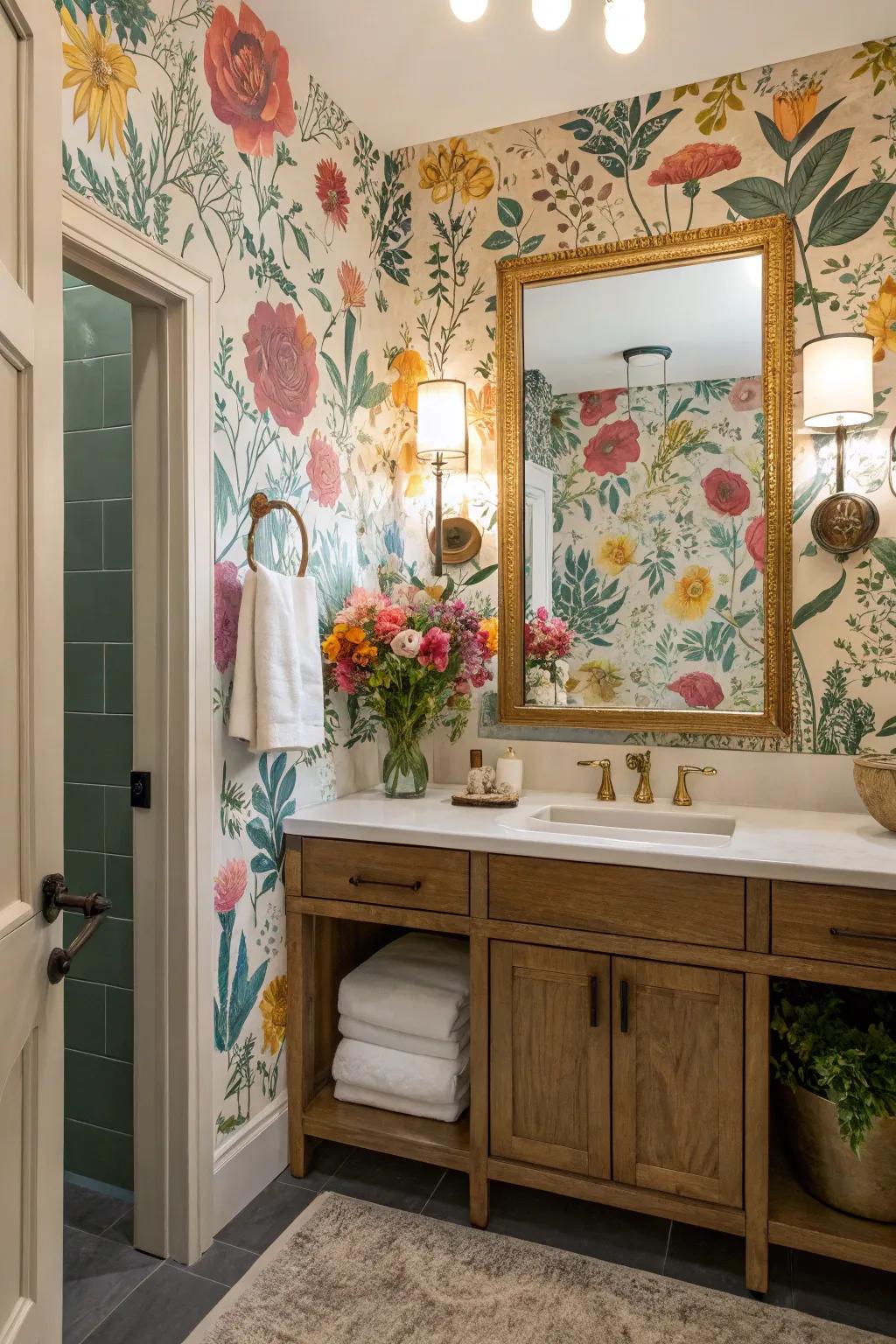 Floral wallpaper imbues bathrooms with freshness and grace.