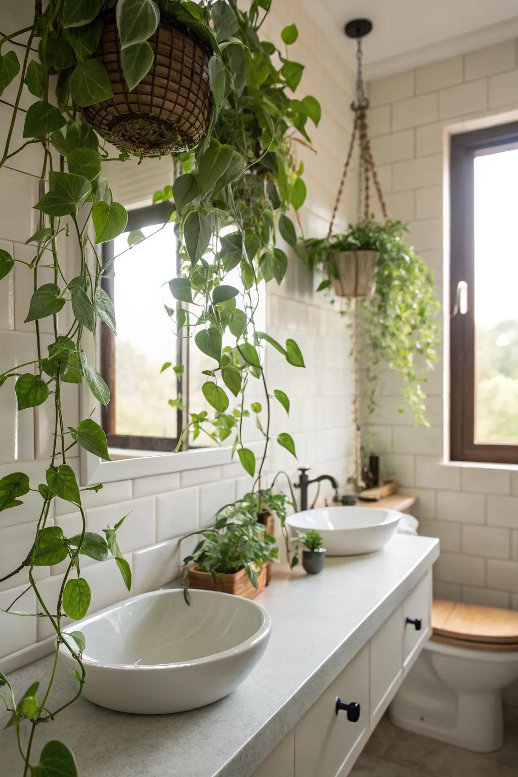 Hanging plants add refreshing natural elements to bathrooms.