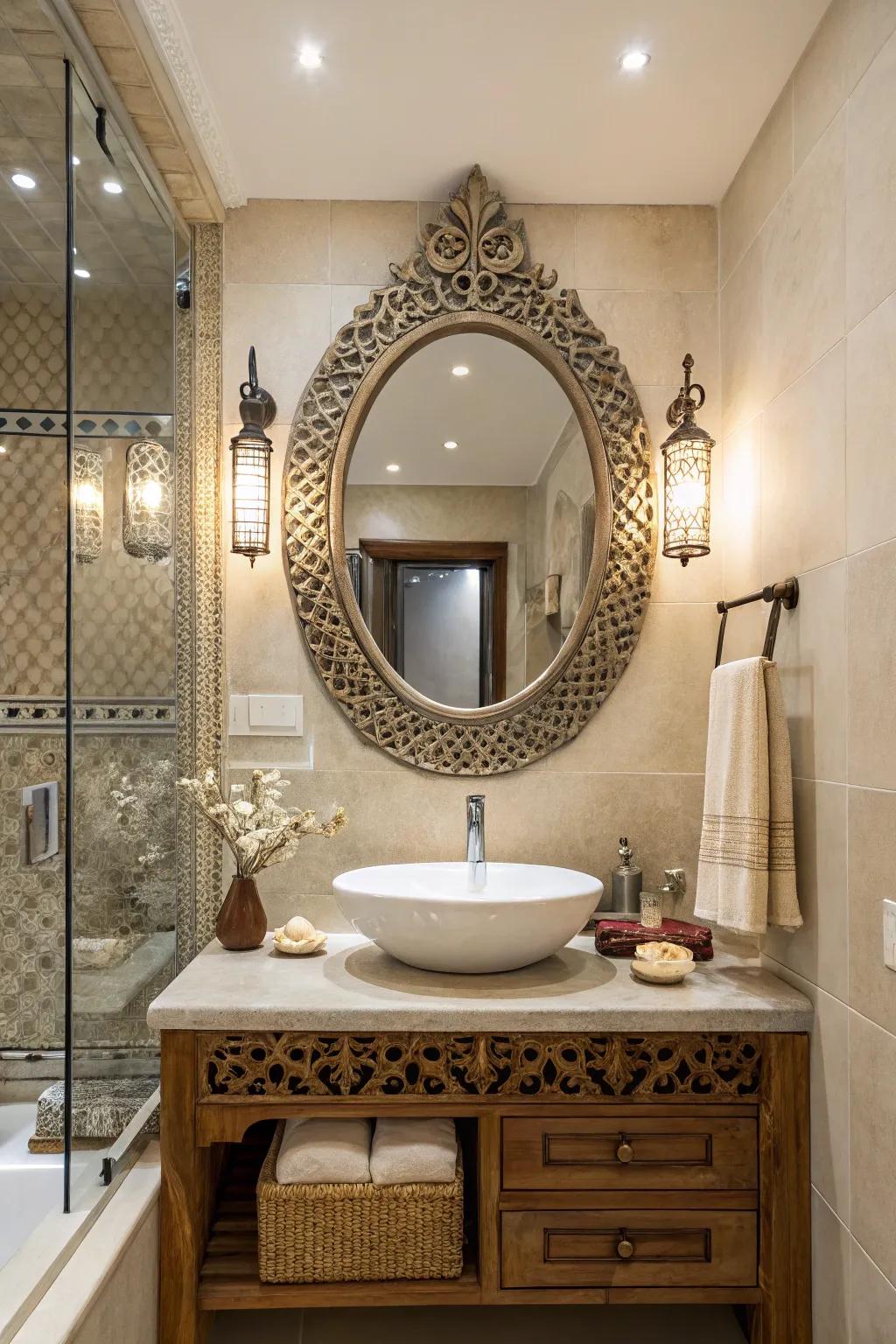 Eclectic mirrors become striking focal points in bathrooms.
