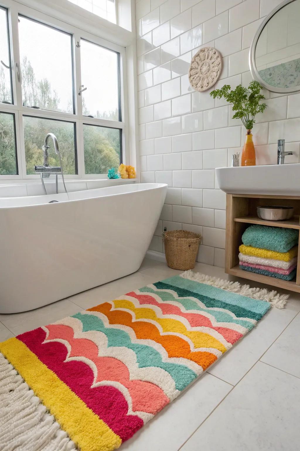 A bright bath mat energizes and unifies your bathroom design.