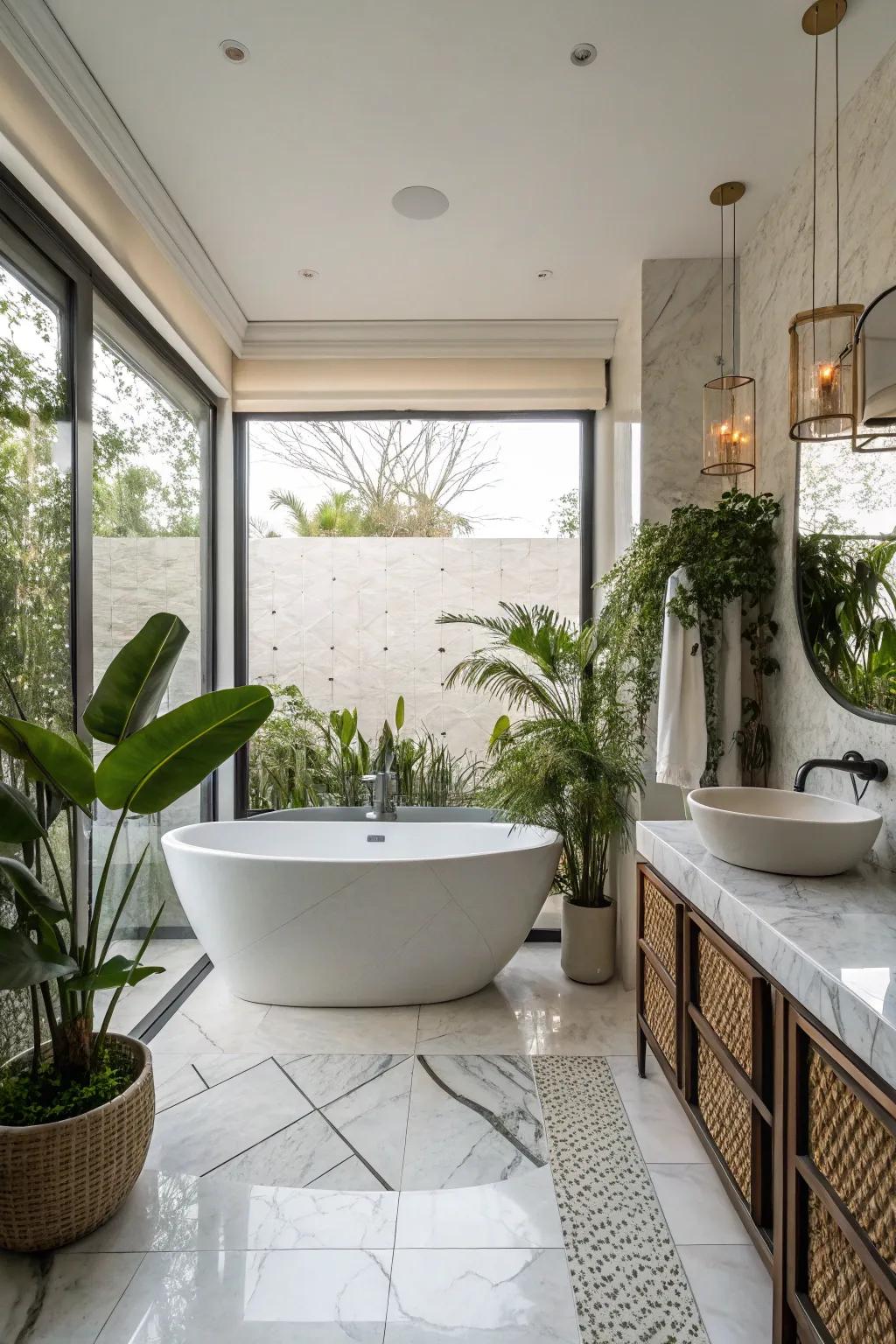 A freestanding tub serves as a luxurious bathroom centerpiece.
