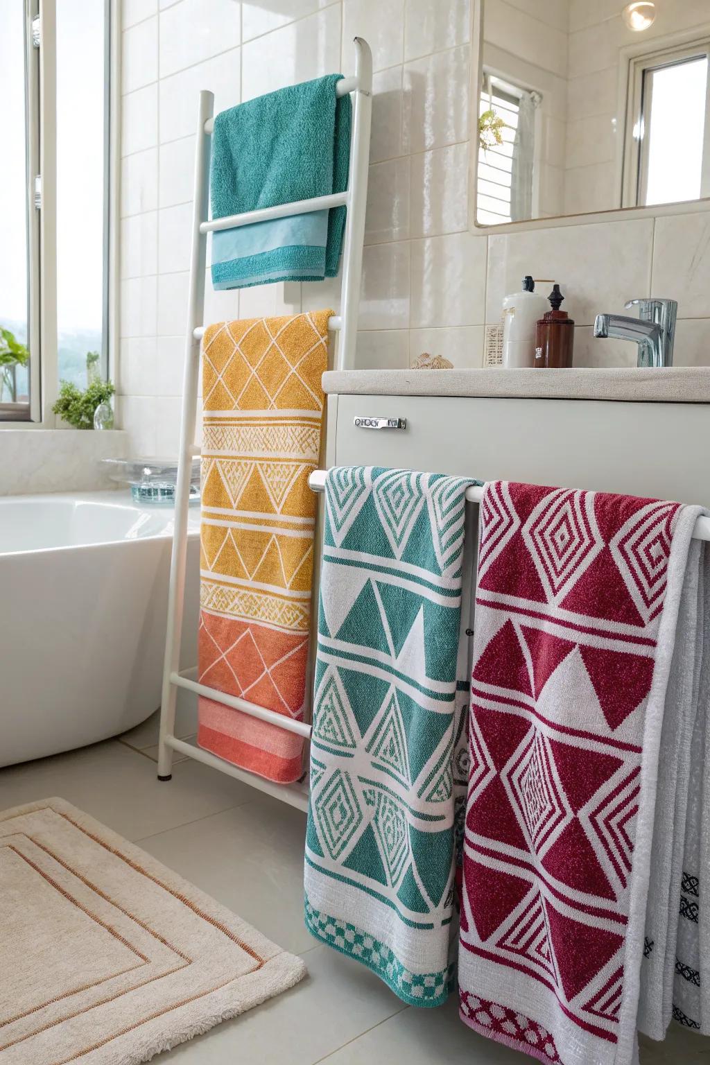 Patterned and colorful towels elevate bathroom aesthetics.