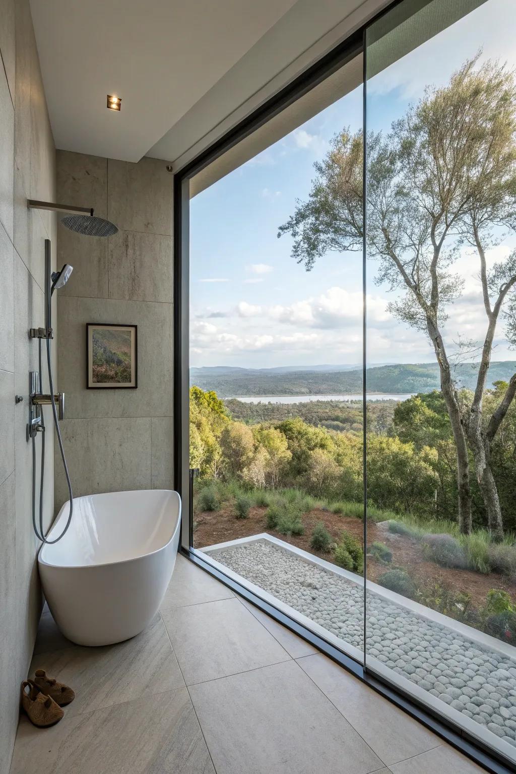 Picture window showcasing a beautiful outdoor view from shower