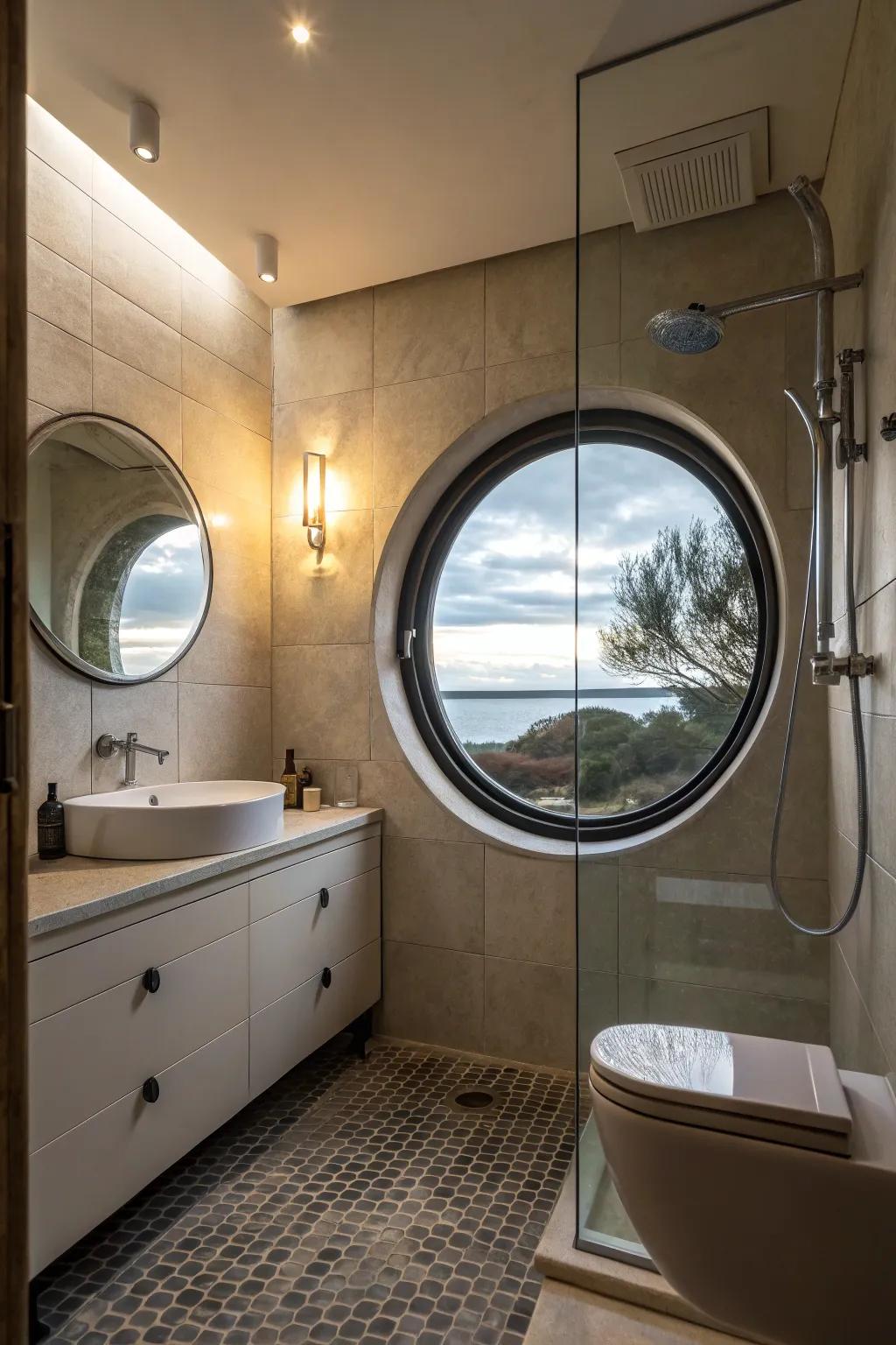 Round window giving unique character to shower