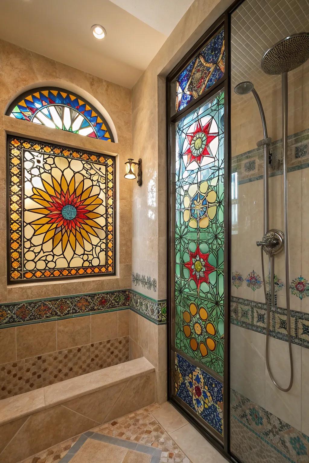 Mosaic glass shower window vibrant with colors