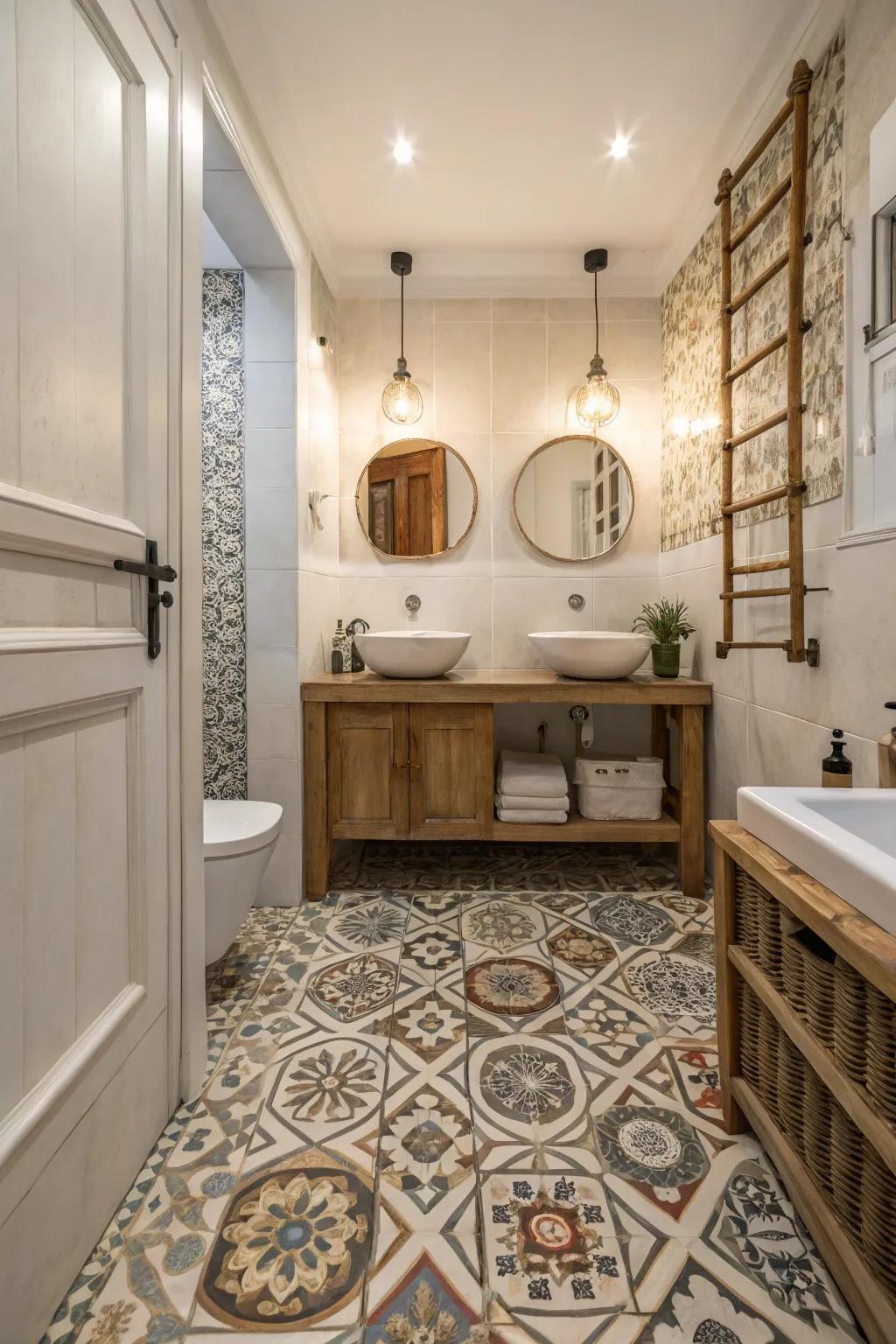 Express personality through patterned bathroom floors.