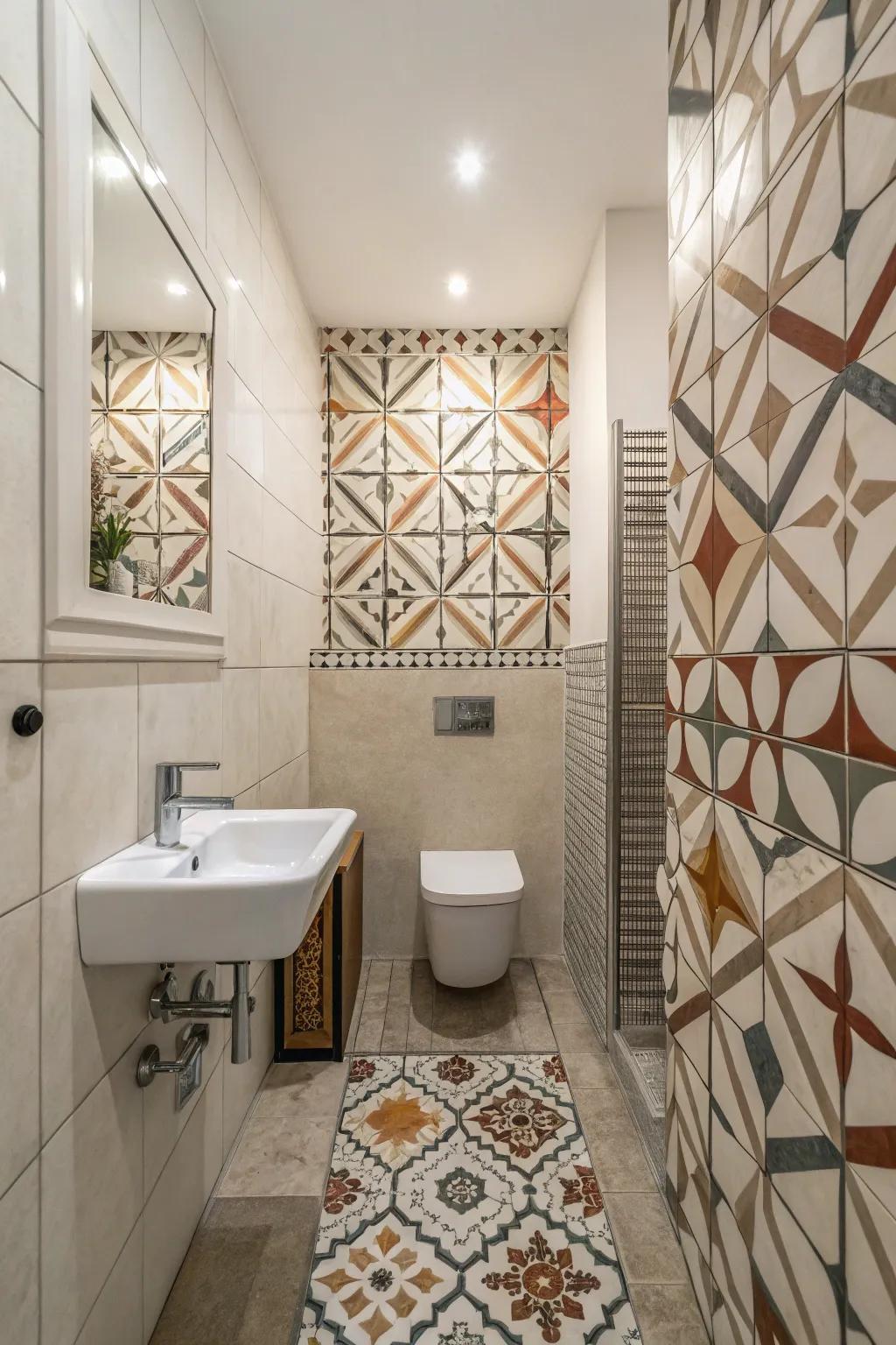 Modernize your bathroom with geometric designs and patterns.