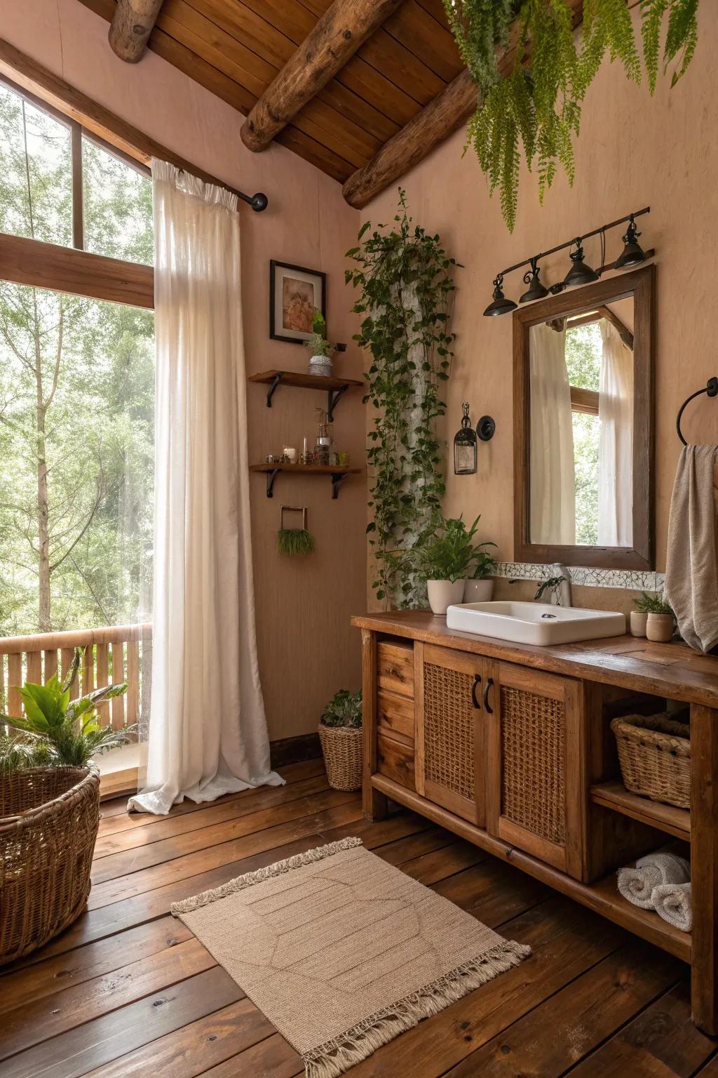 Create a warm, nature-inspired woodland bathroom atmosphere.