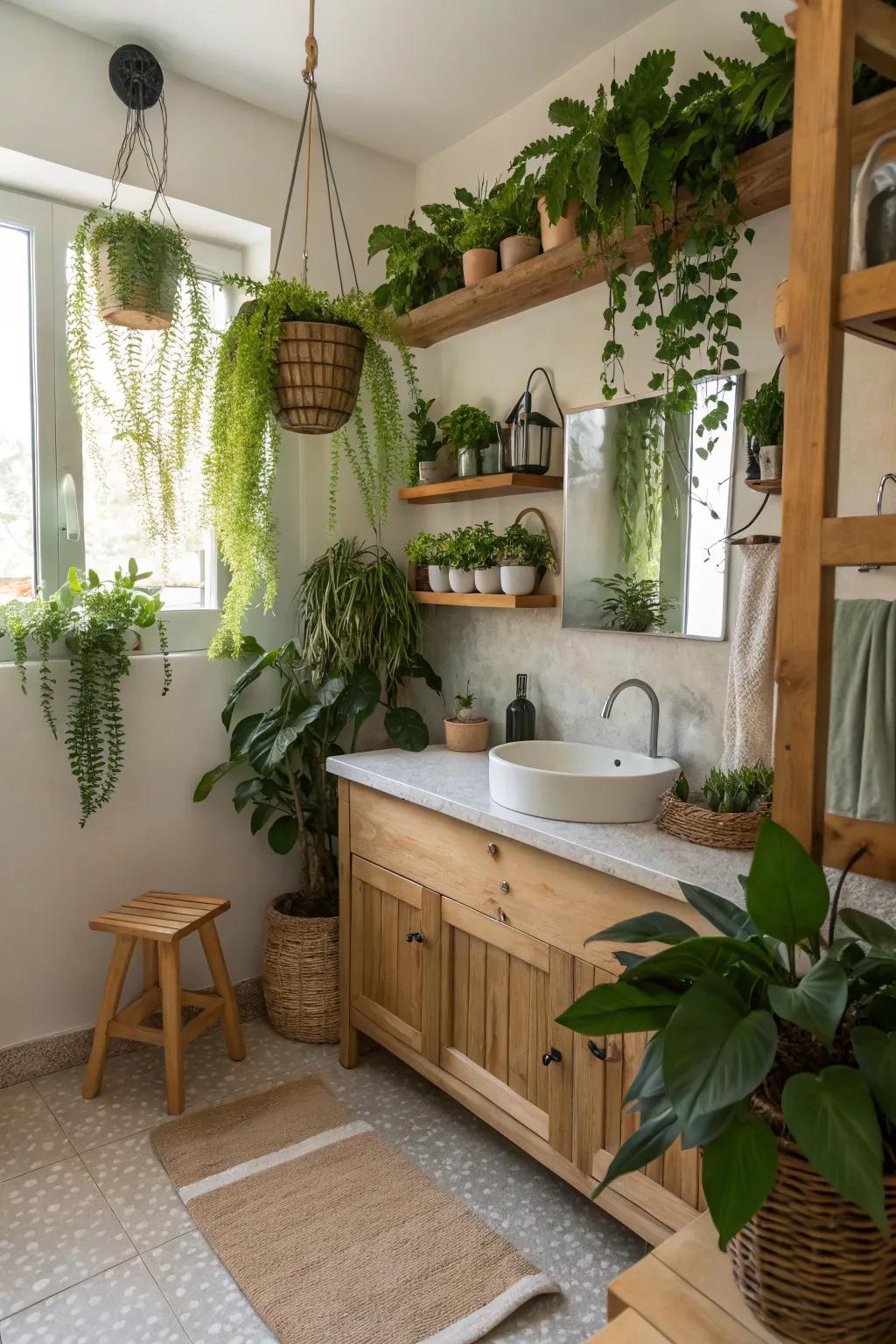 Create a tranquil nature-themed bathroom with flourishing plants.