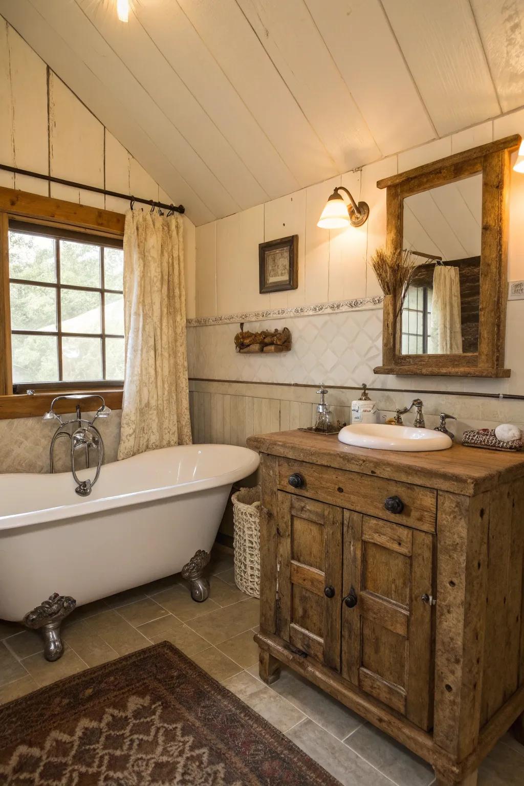 Vintage and rustic elements impart timeless bathroom character.