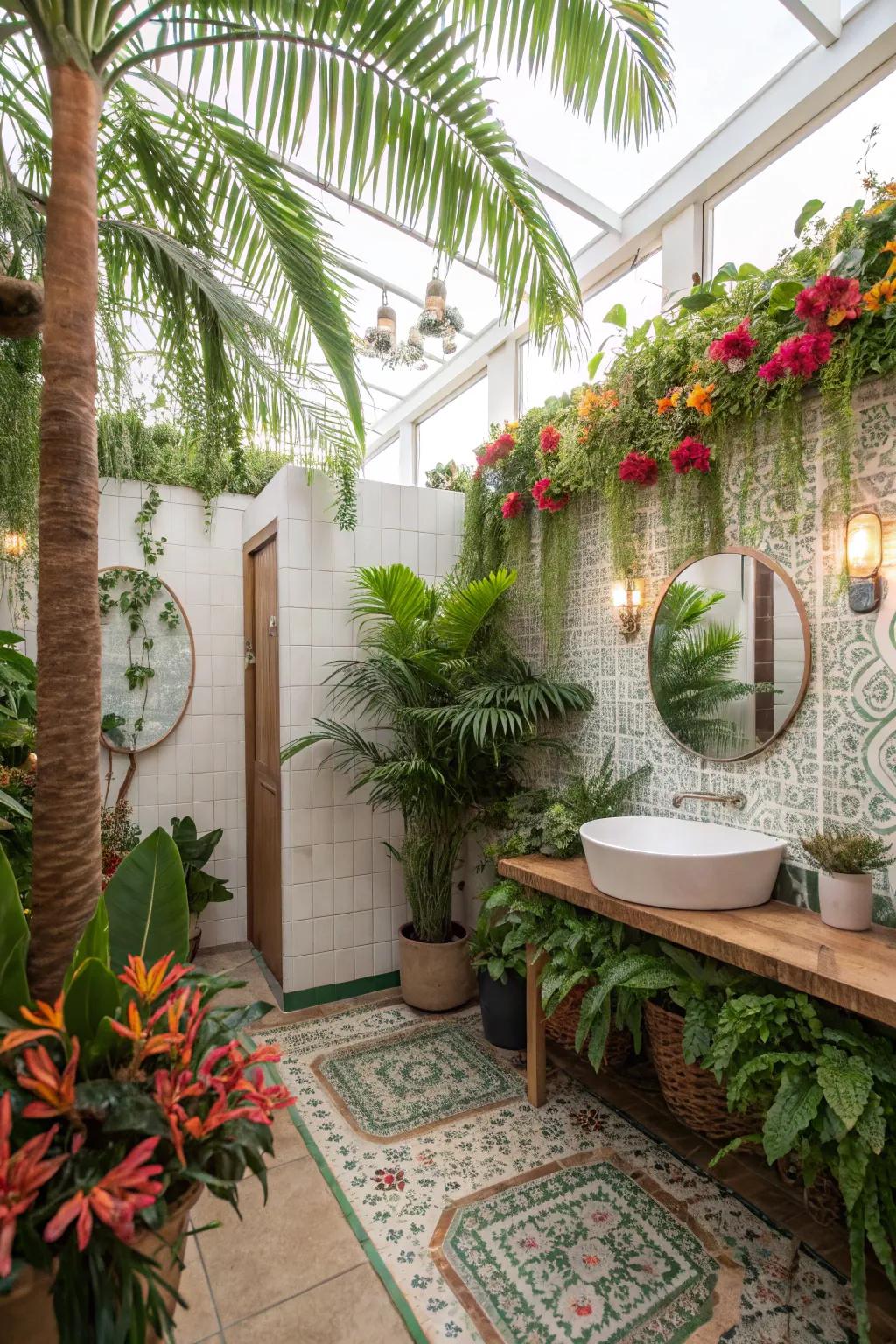 Bold greens and vivid hues create a jungle-inspired bathroom.