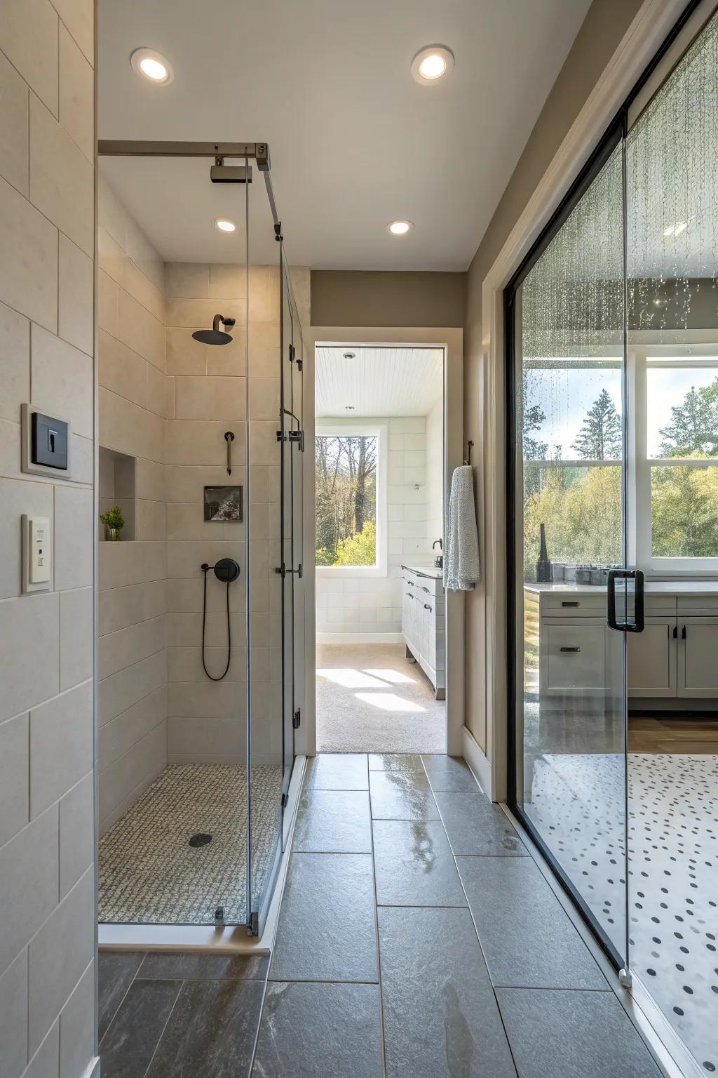 Spacious walk-in shower with a wide open entrance and modern finishes