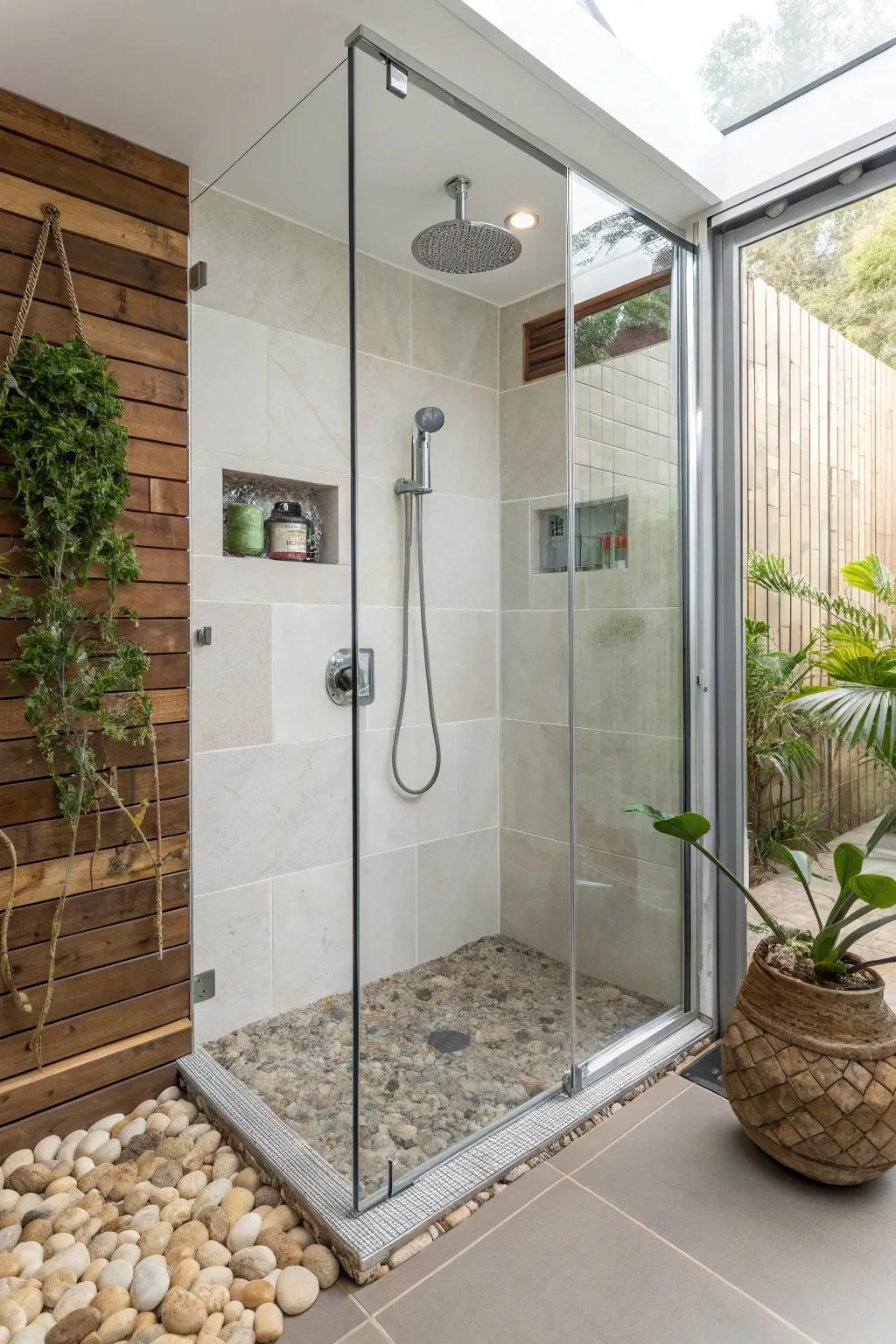 Eco-conscious shower with sustainable design and water-efficient hardware