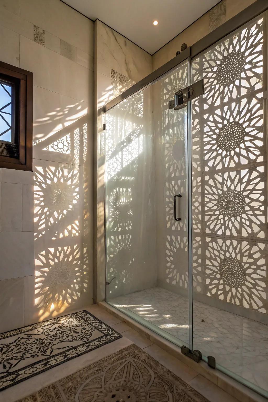 Frosted glass shower creating captivating light and shadow effects